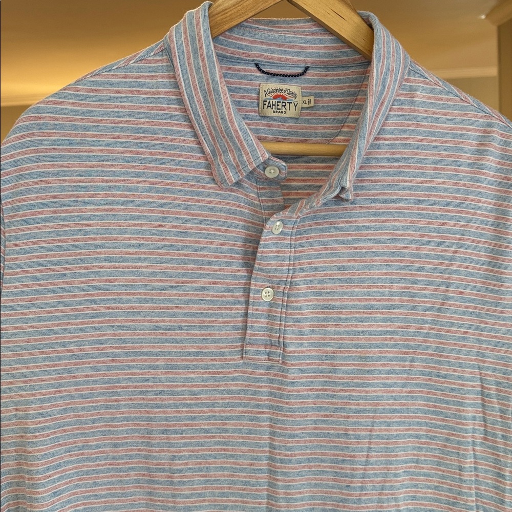 FAHERTY Men's Light Blue Red White Striped Polo Patriotic Classic Preppy XL